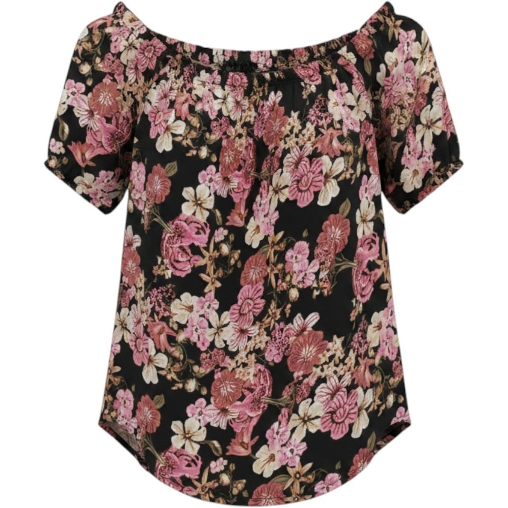 Teenbell Black Pink Romantic Shirttail Floral Off The Shoulder Top Medium